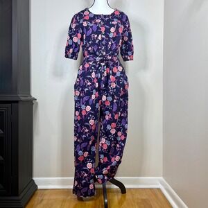 H Halston Womens Belted Button Front Jumpsuit M Black Batik Blossom Floral Twill